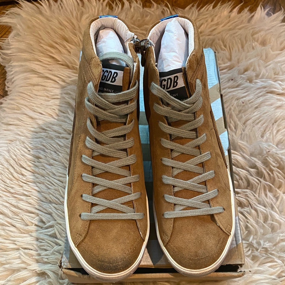 COPY - golden knock off goose camel suede italian sneaker star stripe distressed